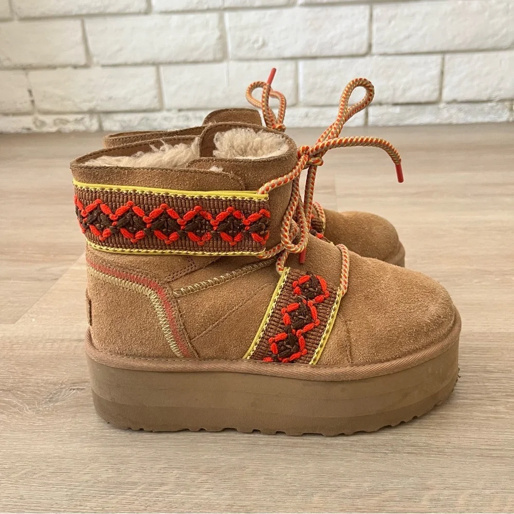 UGG Classic Mini II Braid Platform Chestnut Suede Boot Women’s Size 5